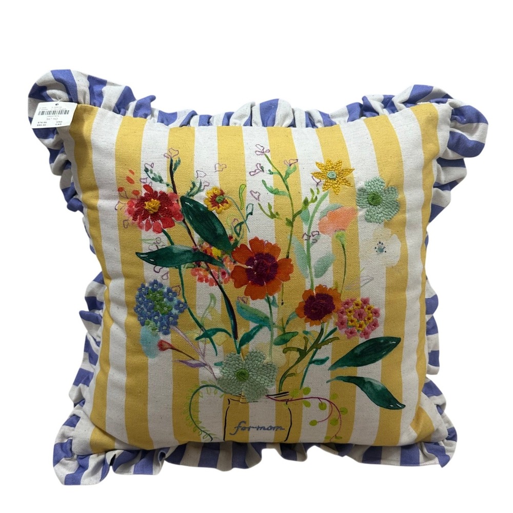 Anthropologie For Mom Floral Embroidered Ruffle Striped Throw Pillow 16x16 NEW